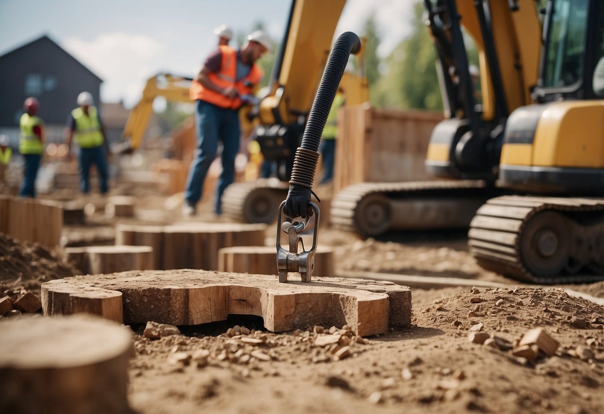 A house being lifted by hydraulic jacks with workers installing new stumps underneath. Tools and materials scattered around the construction site