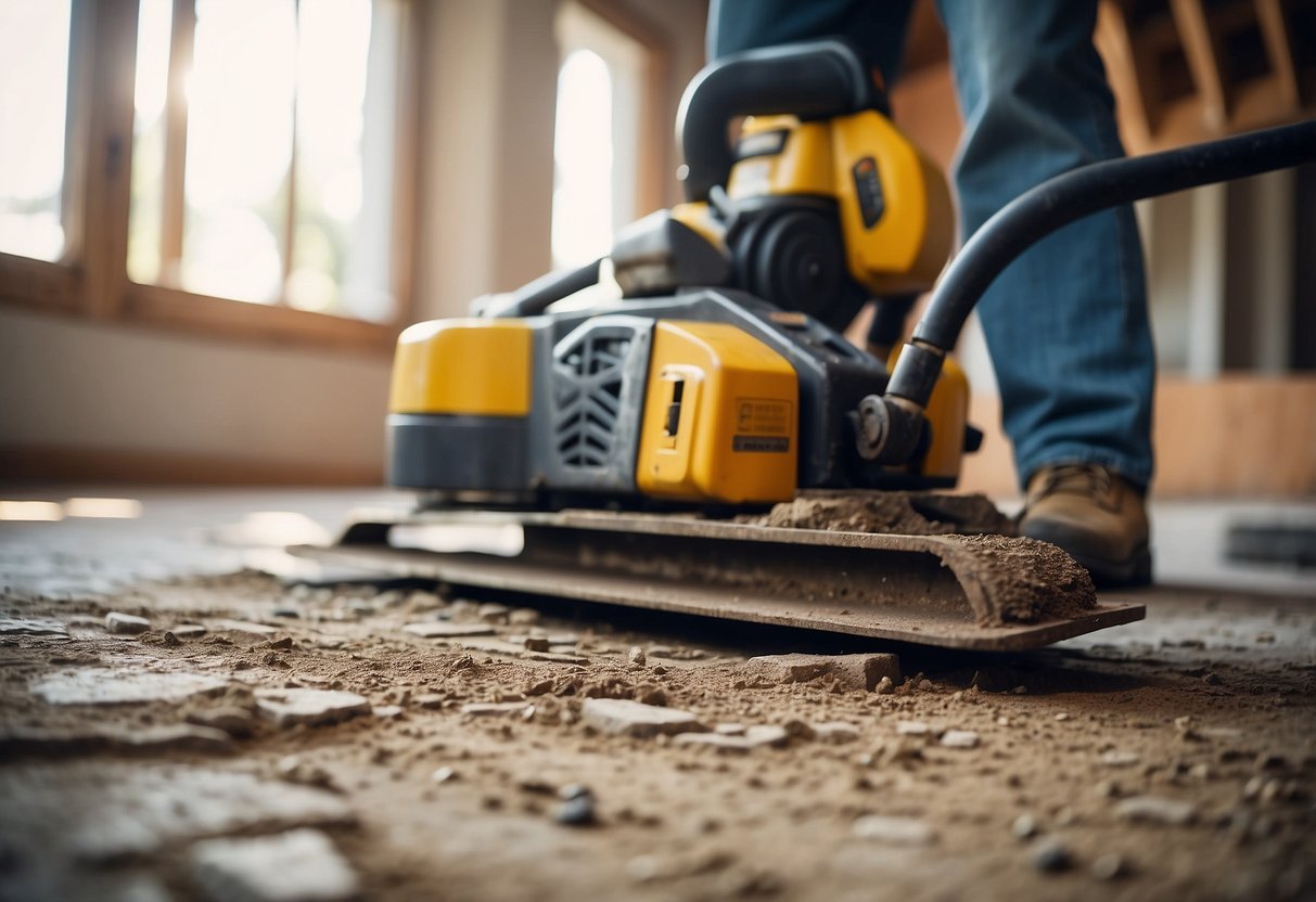 A home with uneven floors and cracks. A crew using heavy machinery to lift and level the foundation