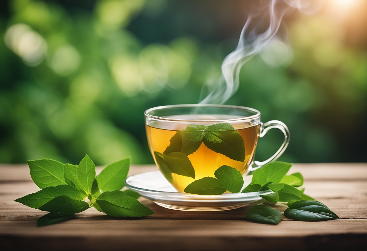 A steaming cup of slim detox tea sits on a rustic wooden table, surrounded by fresh green leaves and vibrant flowers