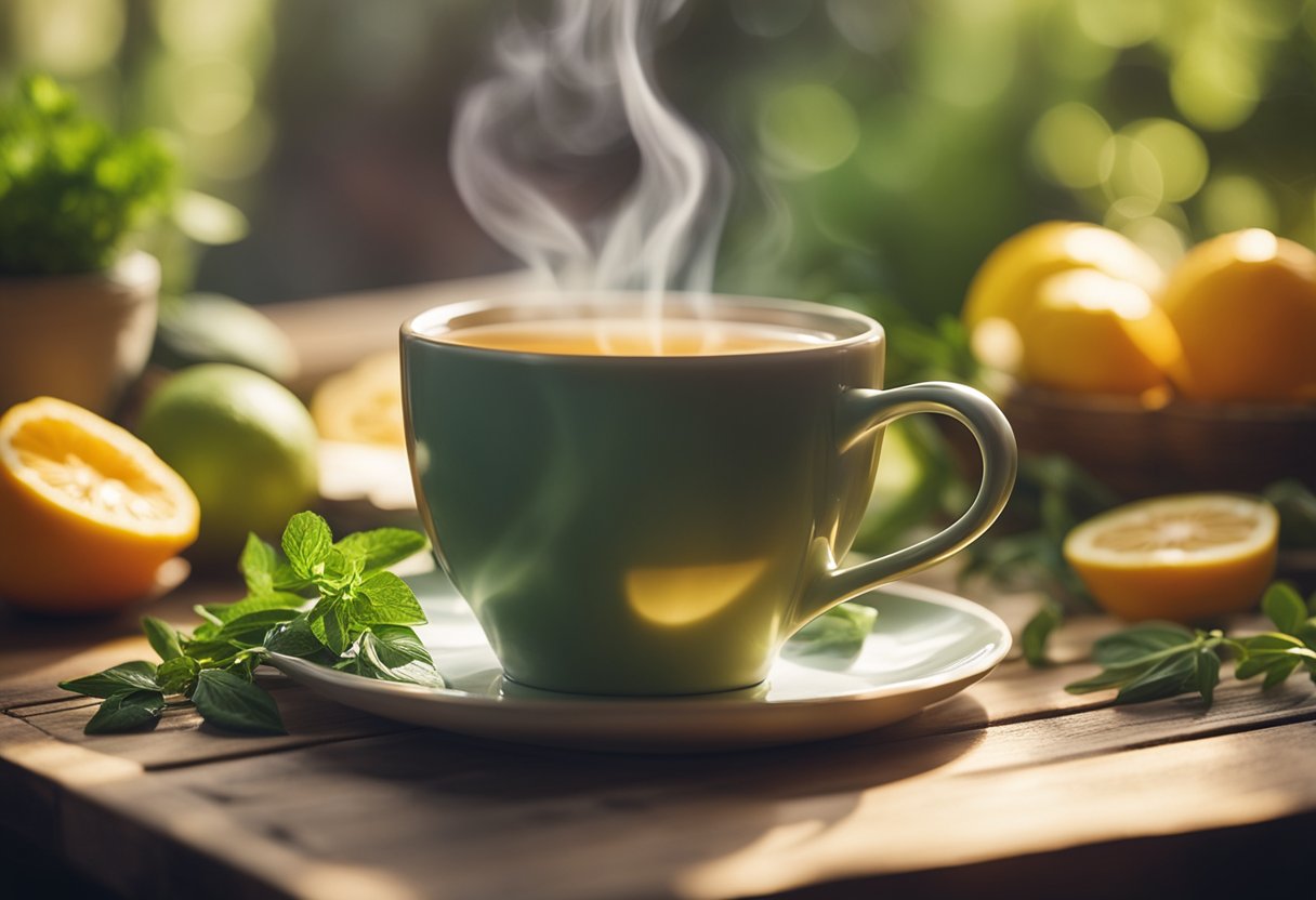 A steaming cup of Slim Detox Tea sits on a rustic wooden table, surrounded by fresh herbs and fruits. Sunlight filters through a nearby window, casting a warm glow on the scene