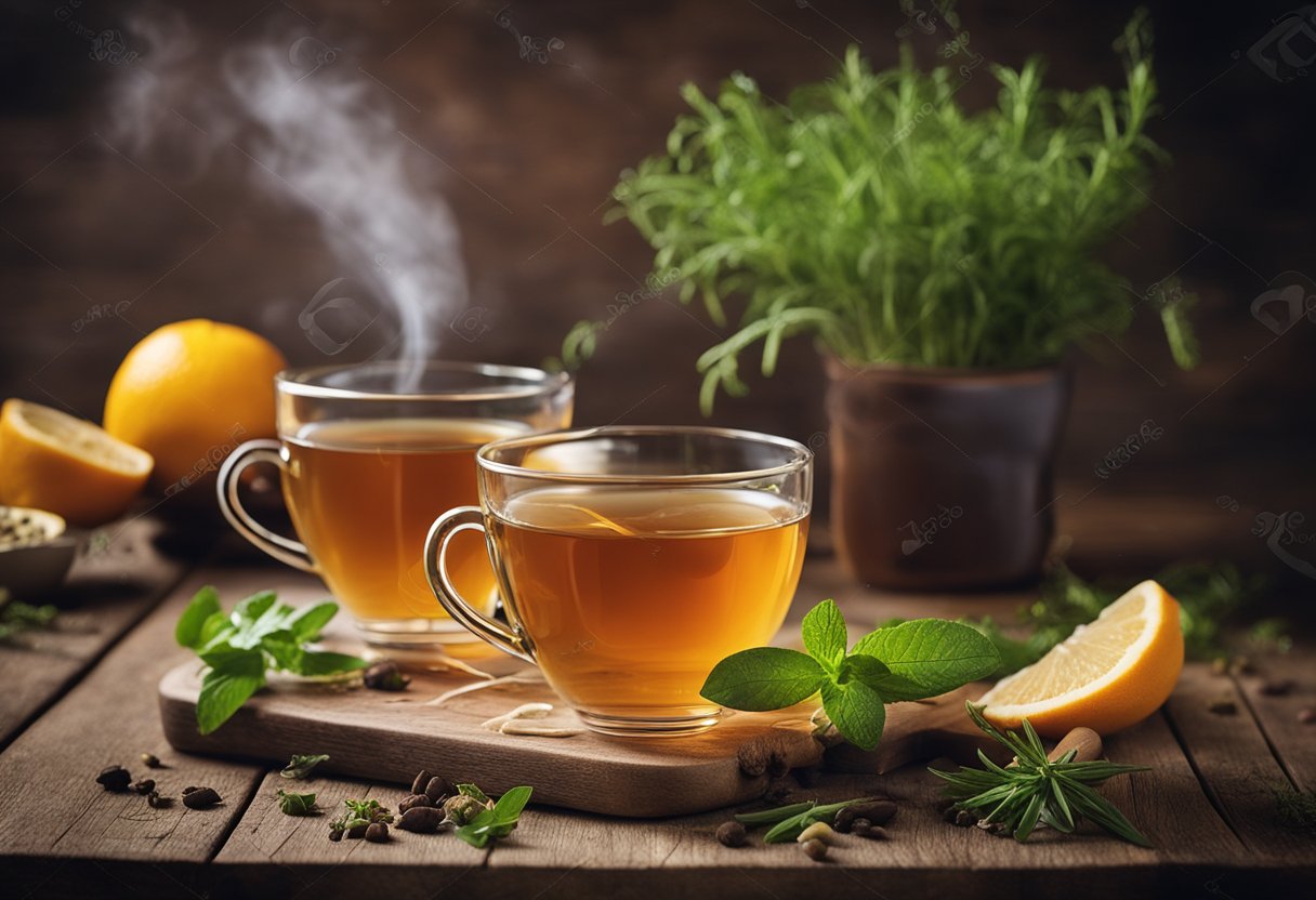 A steaming cup of slim detox tea surrounded by fresh herbs and fruits on a rustic wooden table