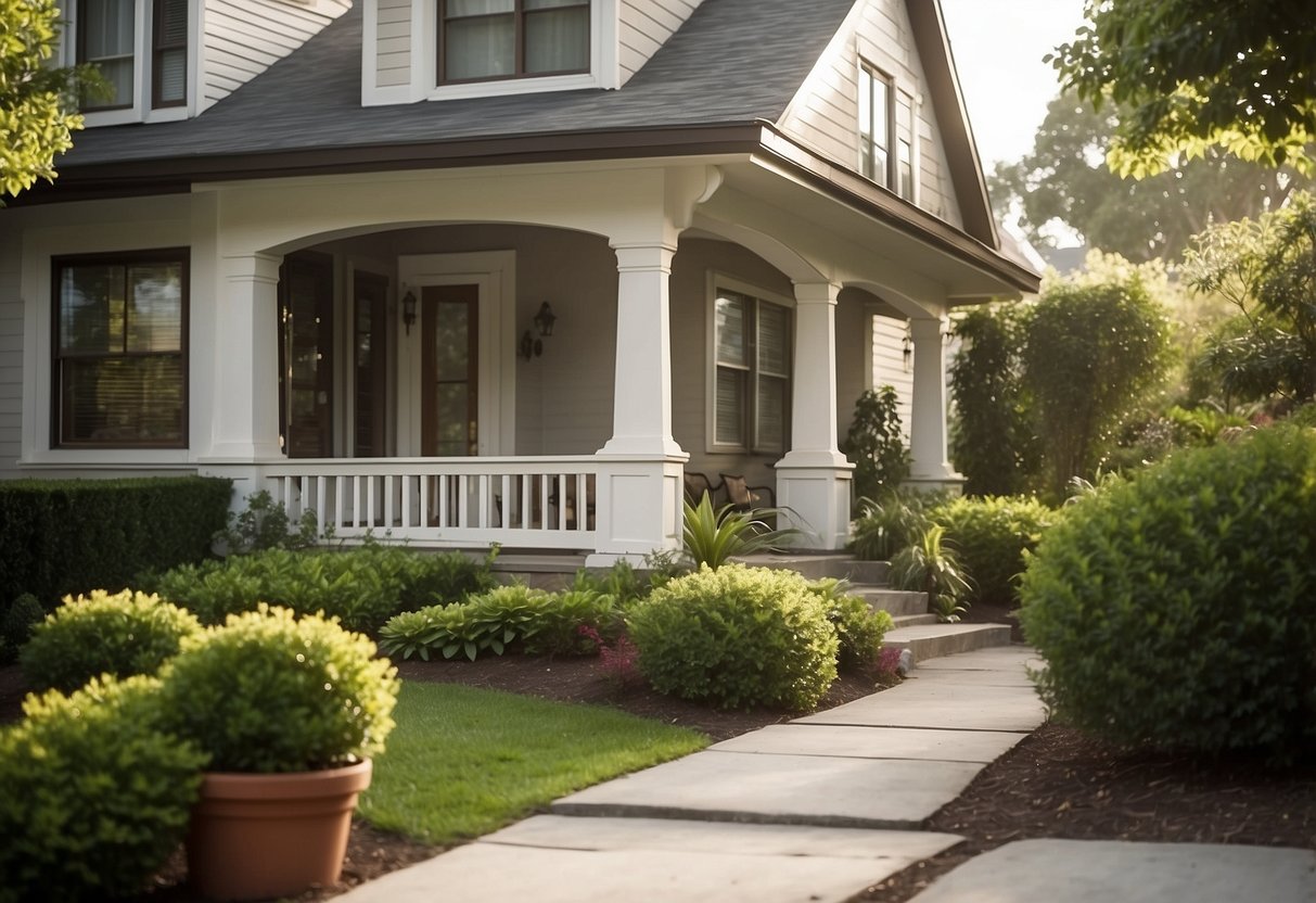 A fully furnished home with modern amenities and appliances, surrounded by lush landscaping and a welcoming front porch