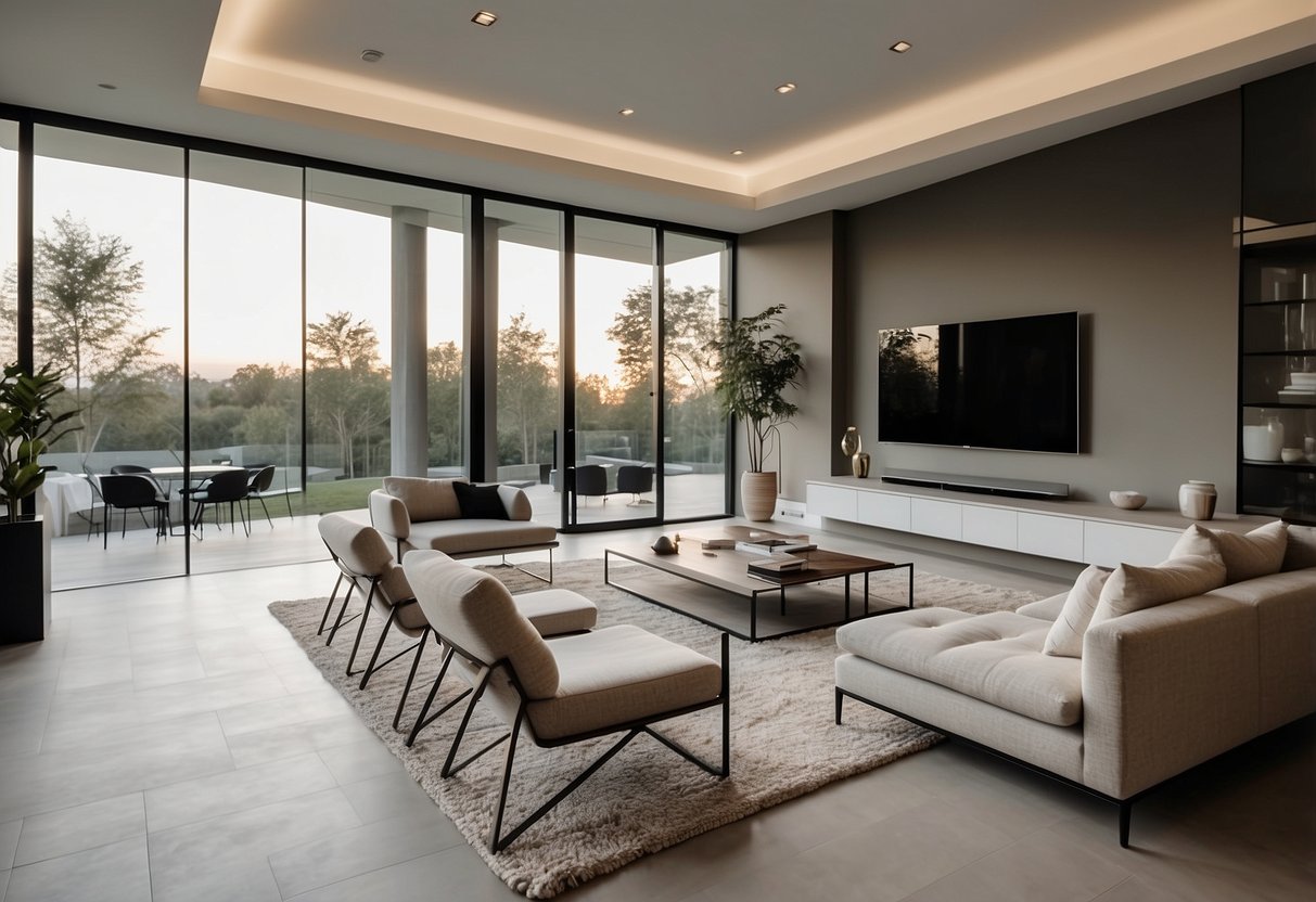 A modern, fully furnished house with sleek furniture, high-end appliances, and minimalist decor. The space is bright, open, and inviting, with clean lines and neutral colors throughout