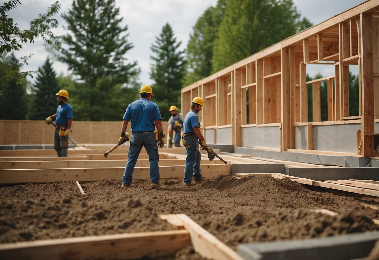 A turnkey house being built with workers laying the foundation, erecting walls, and installing windows and doors. Landscapers plant trees and shrubs outside