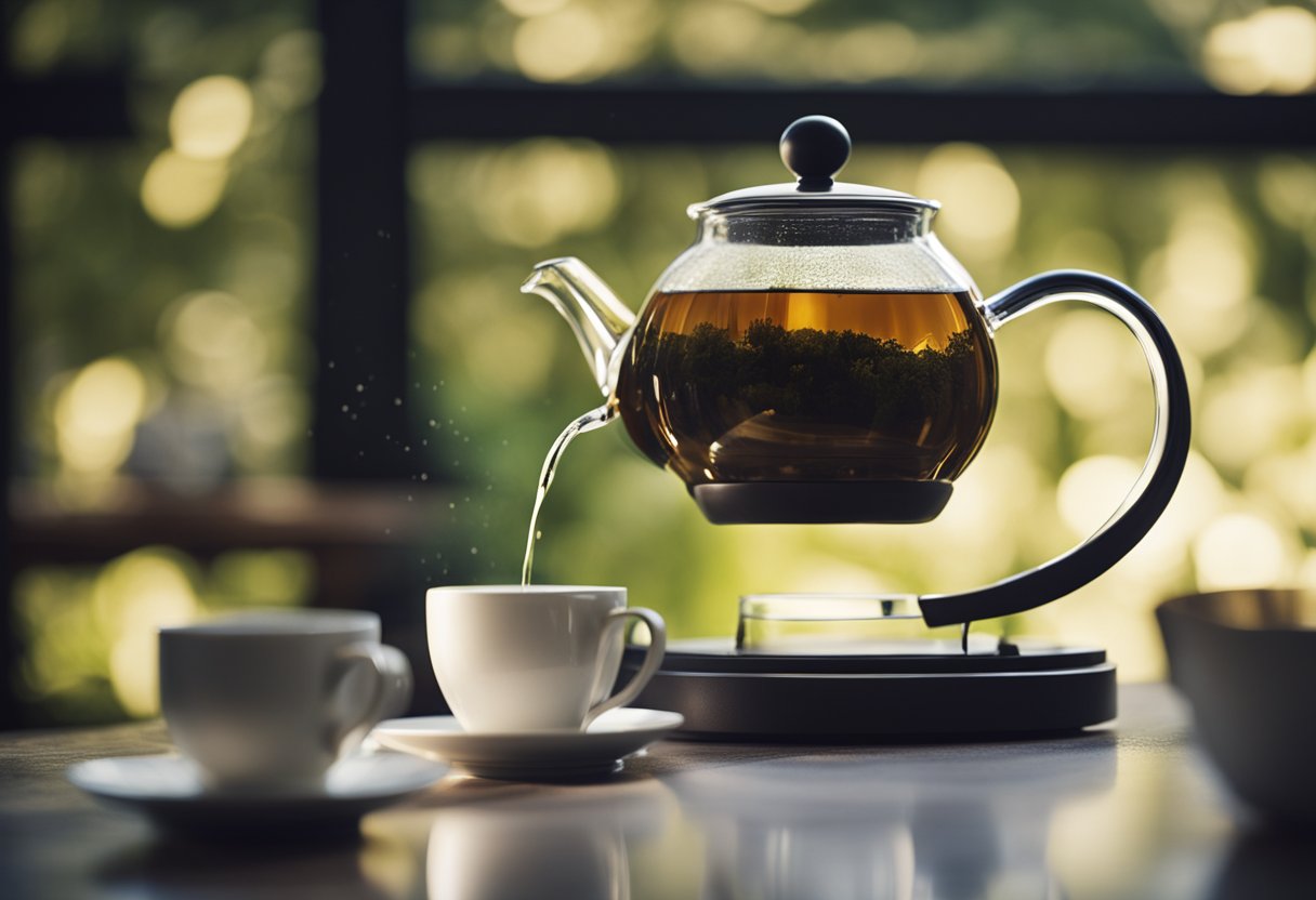 A teapot pouring out tea, which appears to be losing weight as it streams into a cup