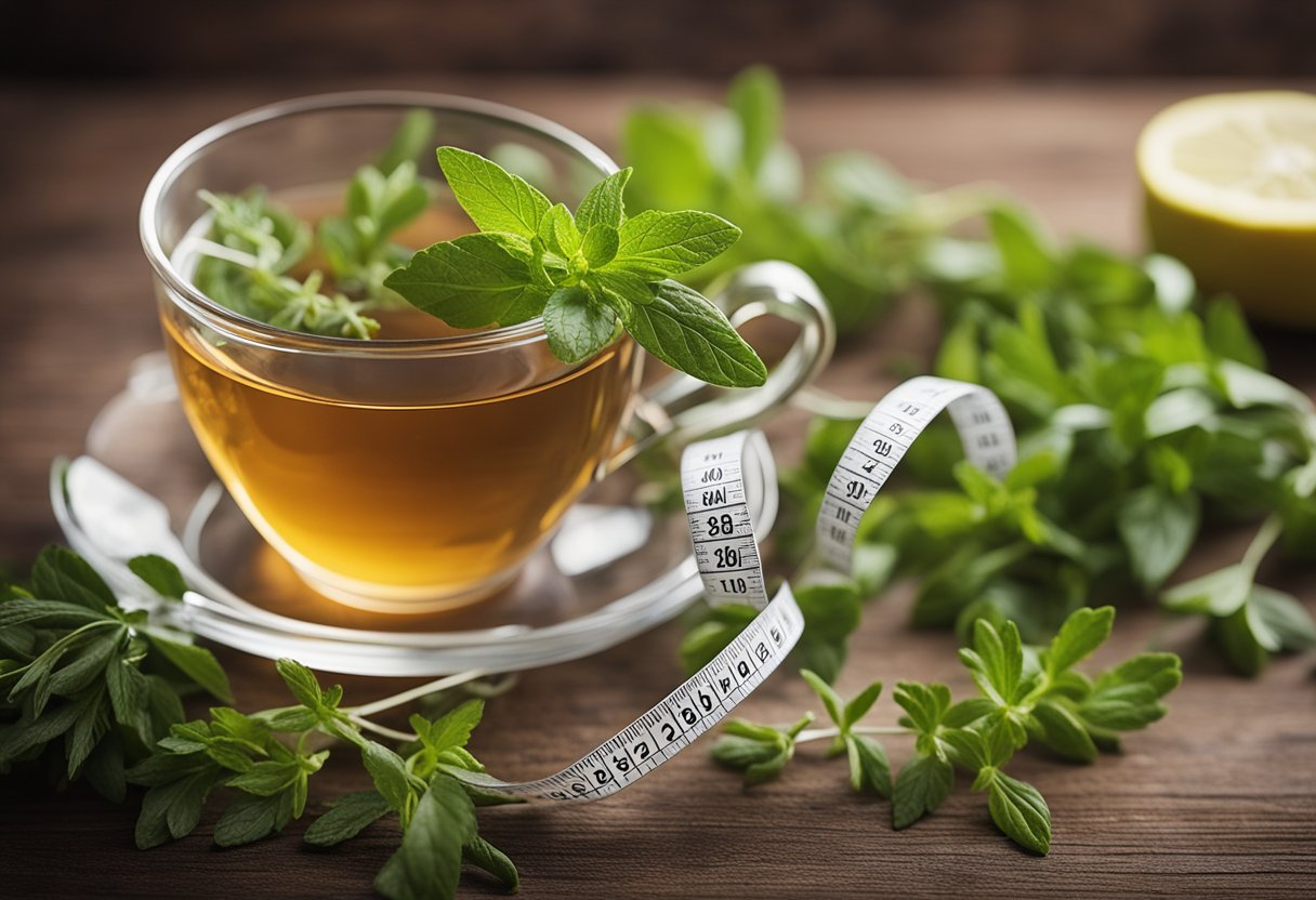 A steaming cup of weight loss tea surrounded by fresh herbs and a tape measure