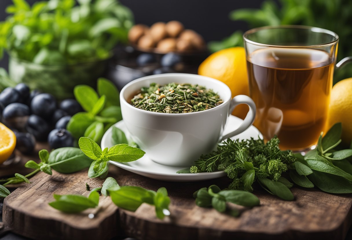 A steaming cup of weight loss tea surrounded by fresh herbs and fruits, with a tape measure and scale in the background