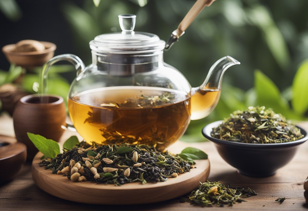 A teapot pouring herbal tea into a cup, surrounded by various loose leaf teas and a scale for measuring