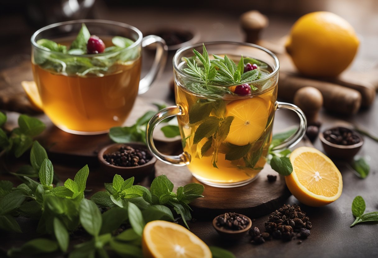 A steaming cup of detox tea surrounded by fresh herbs and fruits