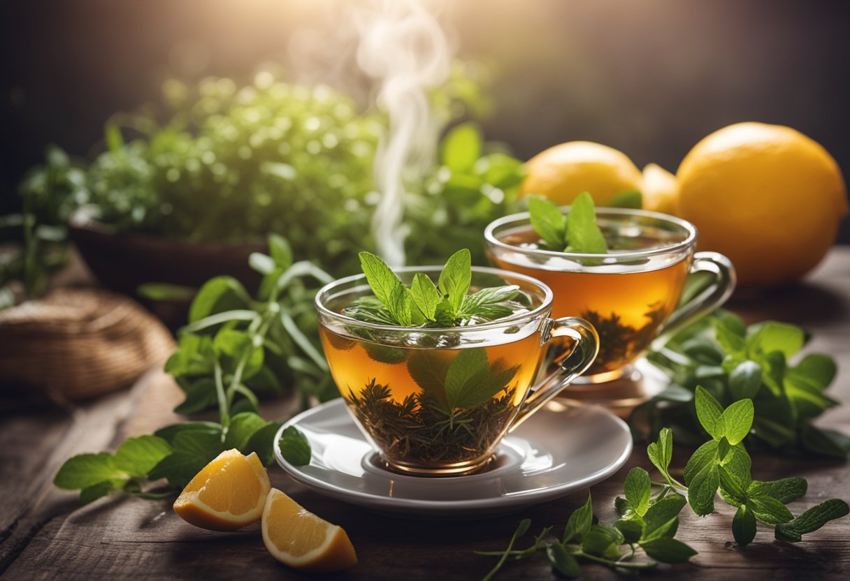 A steaming cup of detox tea surrounded by fresh herbs and fruits