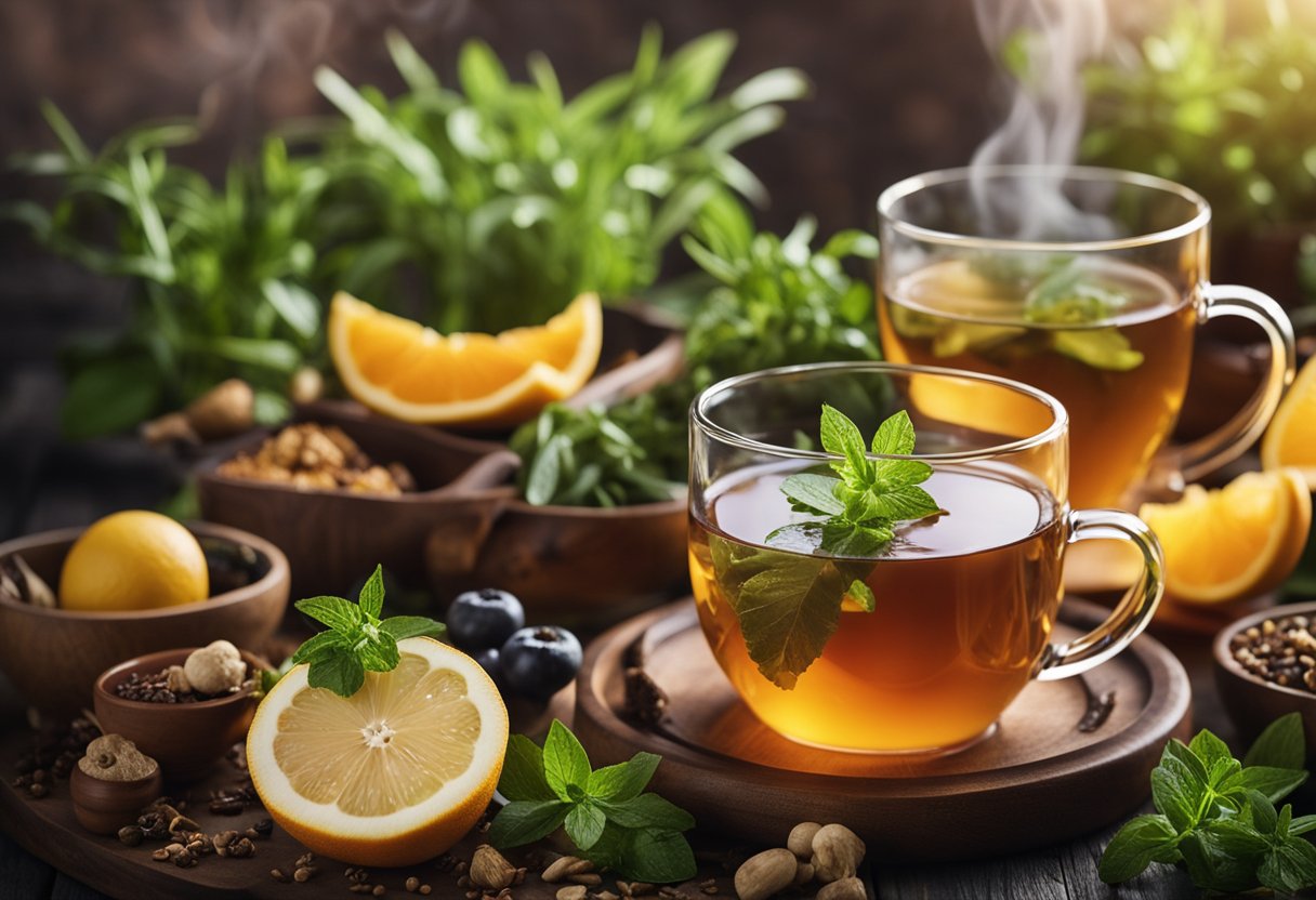 A steaming cup of detox tea surrounded by fresh herbs and fruits