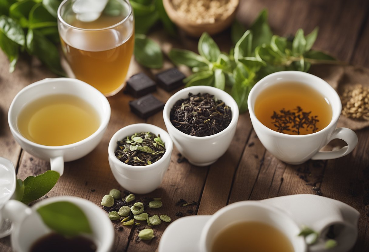 A variety of tea options displayed on a wooden table with labels indicating "detox" and "cleanse." Bright natural lighting illuminates the scene