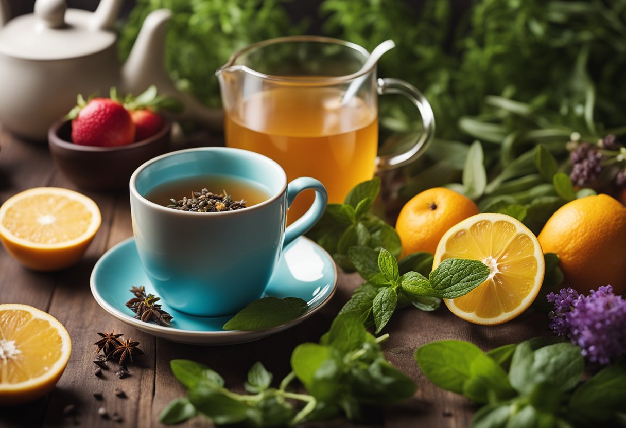 A steaming cup of detox tea surrounded by fresh, vibrant herbs and fruits, with a sense of rejuvenation and wellness