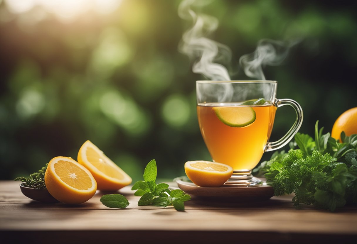 A steaming cup of detox tea surrounded by fresh herbs and fruits, with a gentle breeze blowing through the scene