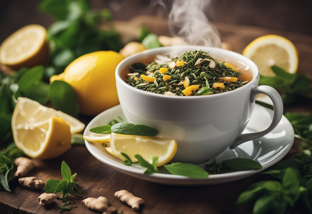 A steaming cup of detox tea surrounded by vibrant, fresh ingredients like ginger, lemon, and herbs, with a sense of calm and rejuvenation in the background