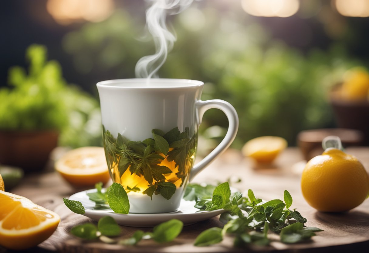 A steaming cup of detox tea surrounded by fresh, vibrant herbs and fruits