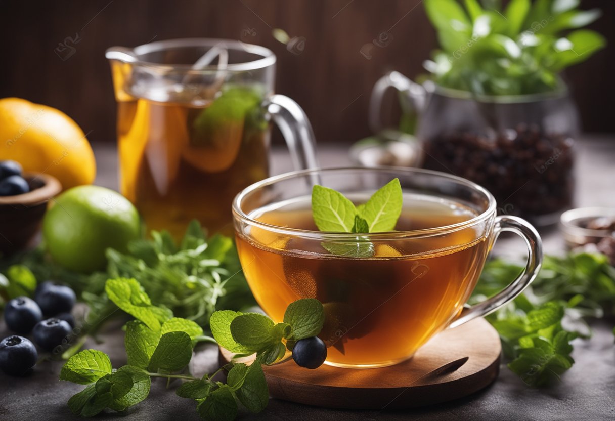 A steaming cup of detox tea surrounded by fresh herbs and fruits. A tape measure and scale in the background