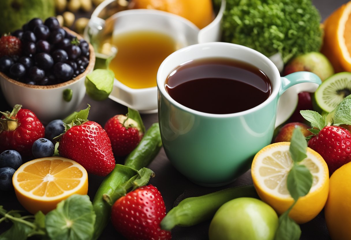 A steaming cup of detox tea surrounded by fresh, vibrant fruits and vegetables. A tape measure and scale nearby symbolize weight loss