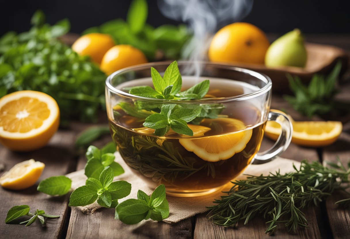 A steaming cup of detox tea surrounded by fresh herbs and fruits on a wooden table