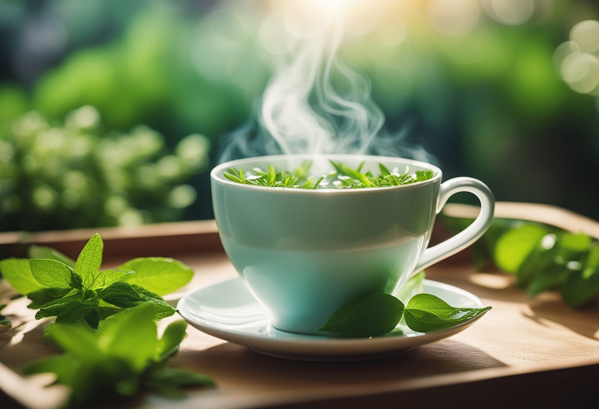 A steaming cup of detox tea surrounded by vibrant green herbs and fruits, with a soft glow emanating from the center