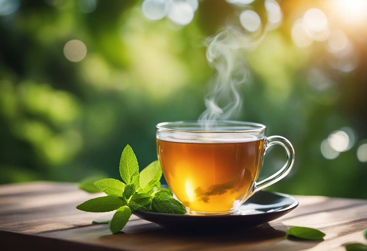 A steaming cup of detox tea surrounded by fresh, vibrant herbs and fruits, with a serene backdrop of nature