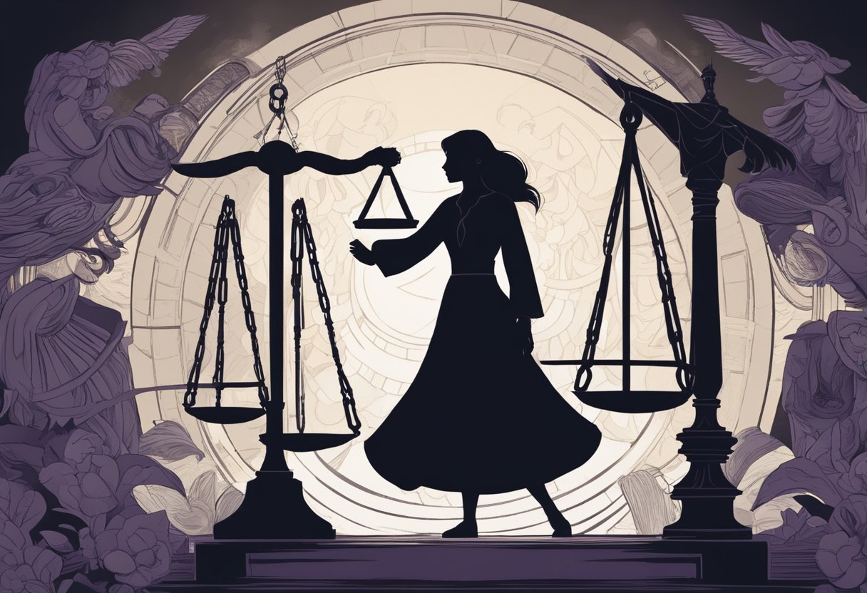 A woman's silhouette stands strong, surrounded by symbols of justice and empowerment, while a shadowy figure representing domestic violence lurks in the background