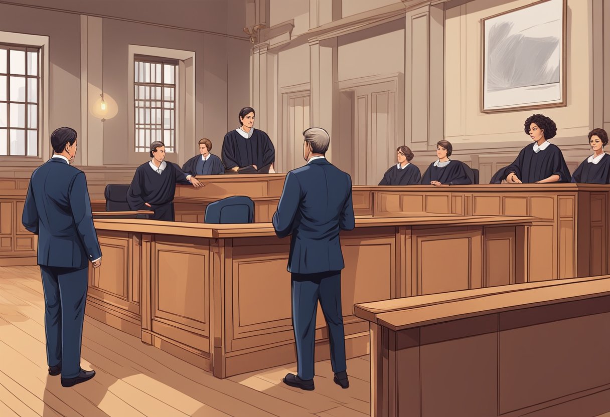 A courtroom with a judge presiding over a case of domestic violence against a woman, with lawyers presenting evidence and the accused standing trial