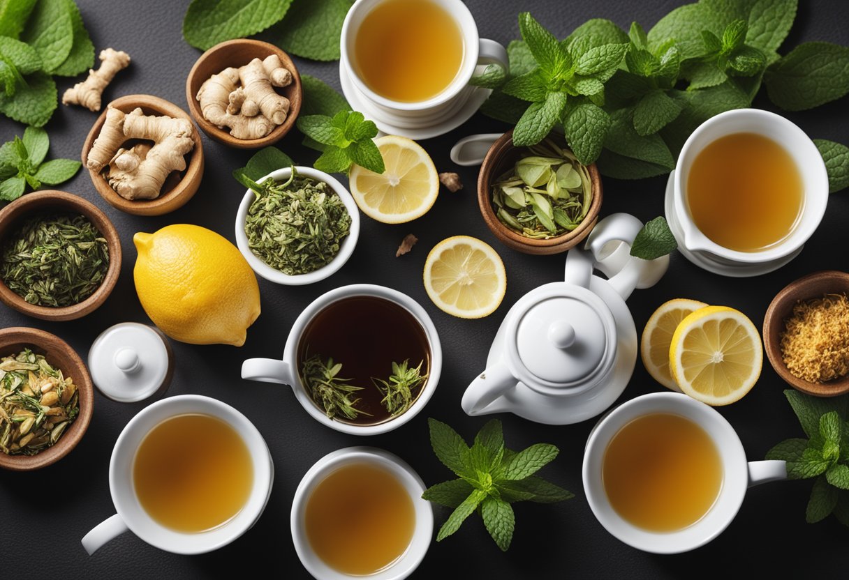 A variety of detoxifying teas arranged on a table, with fresh ingredients like ginger, lemon, and mint surrounding them