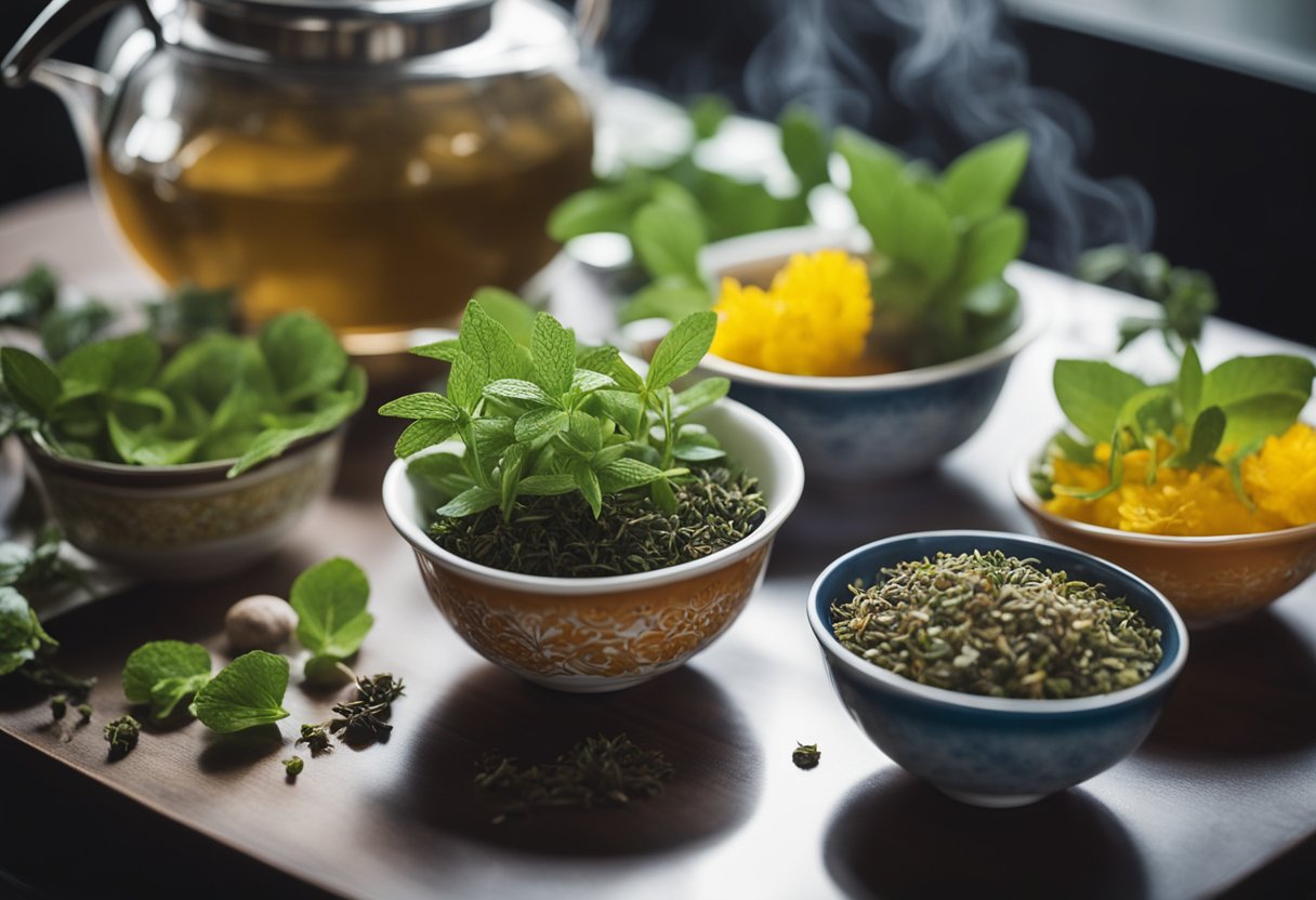 Various herbs and plants are brewing in a pot, steam rising. A collection of colorful tea cups sit nearby, ready to be filled with detoxifying tea