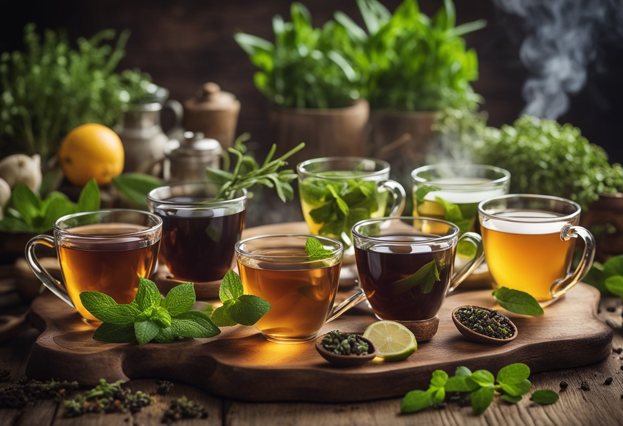 A variety of detoxifying teas arranged on a wooden table, with steam rising from the cups, surrounded by fresh herbs and fruits