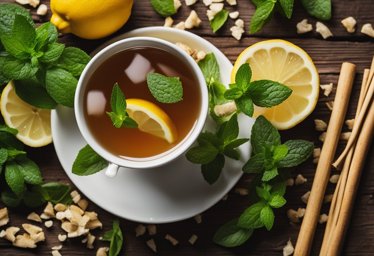 A steaming cup of detox tea sits on a wooden table, surrounded by fresh ingredients like lemons, ginger, and mint leaves