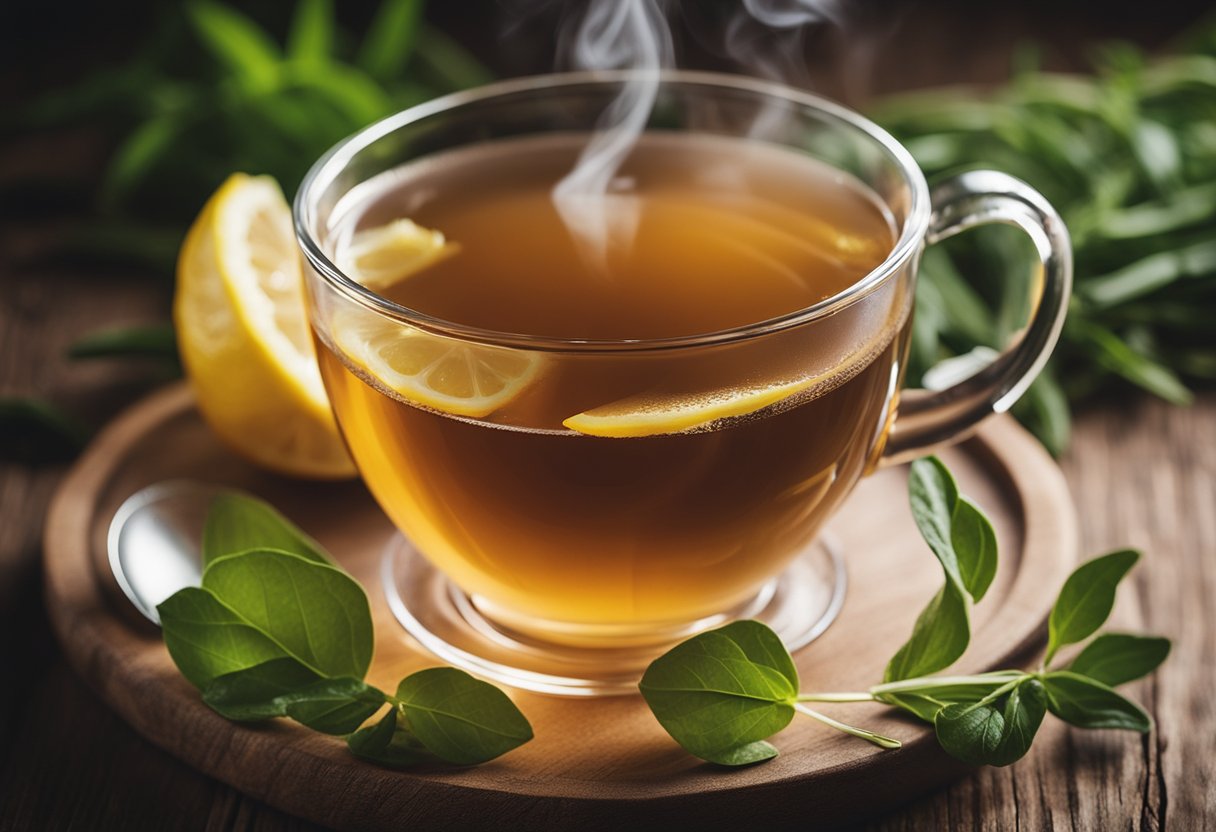 A steaming cup of detox tea sits on a wooden table, surrounded by fresh herbs and a lemon slice. A gentle wisp of steam rises from the cup, creating a soothing and inviting scene