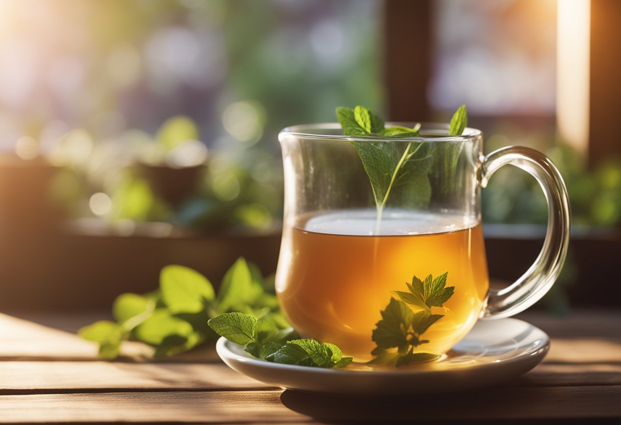 A steaming cup of detox tea surrounded by fresh herbs and fruits on a rustic wooden table. Sunlight streams in through a nearby window, casting a warm glow on the scene