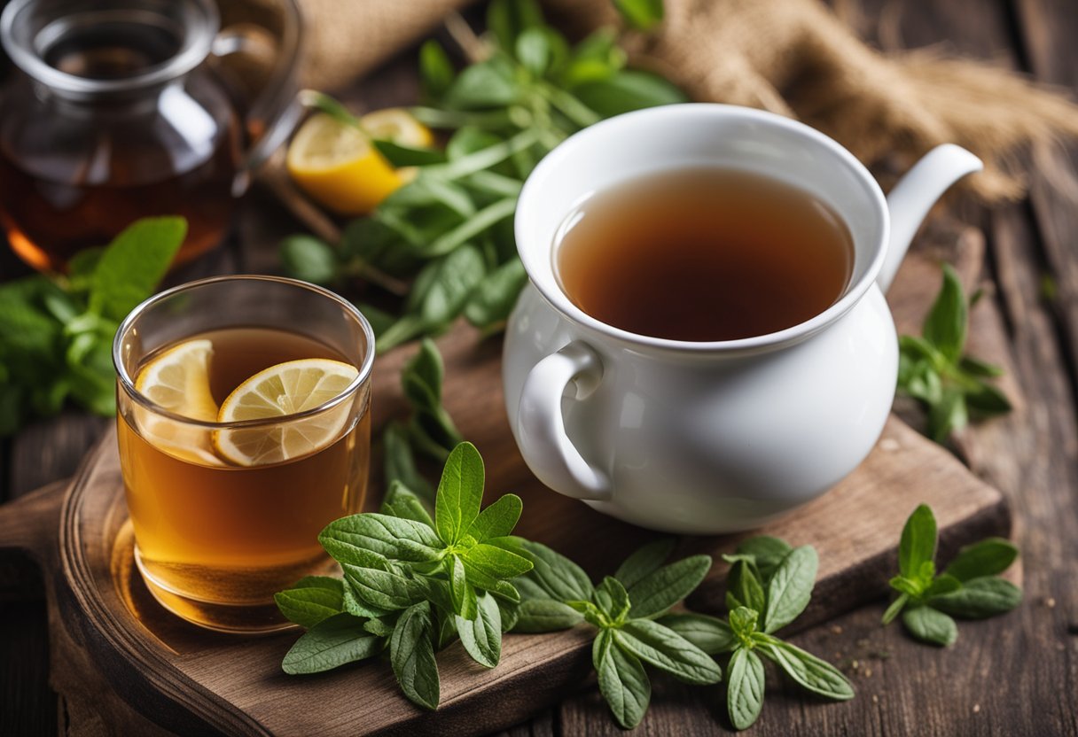 A steaming cup of weight loss herb tea sits on a rustic wooden table, surrounded by fresh herbs and a teapot