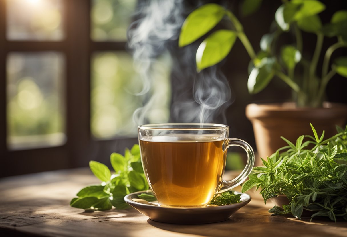 A steaming cup of weight loss herb tea sits on a rustic wooden table, surrounded by fresh herbs and a scale. Sunlight streams through a nearby window, casting a warm glow on the scene