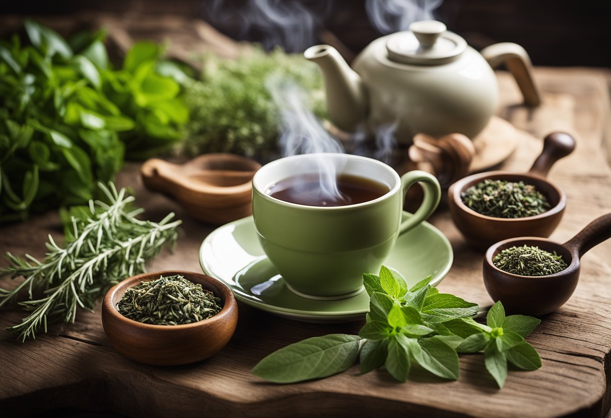 A steaming cup of weight loss herb tea sits on a rustic wooden table, surrounded by fresh herbs and a mortar and pestle