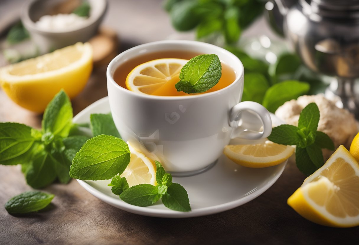 A steaming cup of detox tea surrounded by fresh, organic ingredients like lemons, mint leaves, and ginger