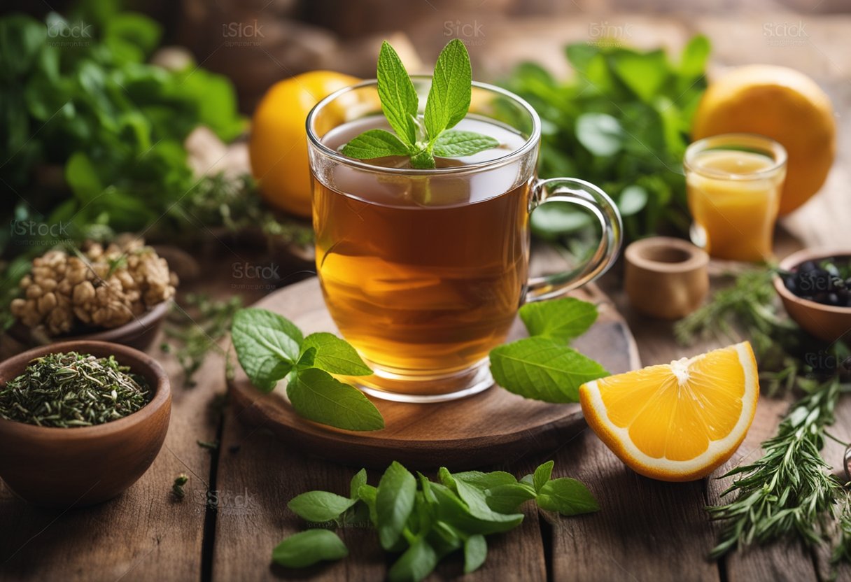 A steaming cup of detox tea sits on a wooden table, surrounded by fresh herbs and fruits. A sense of relaxation and wellness emanates from the scene