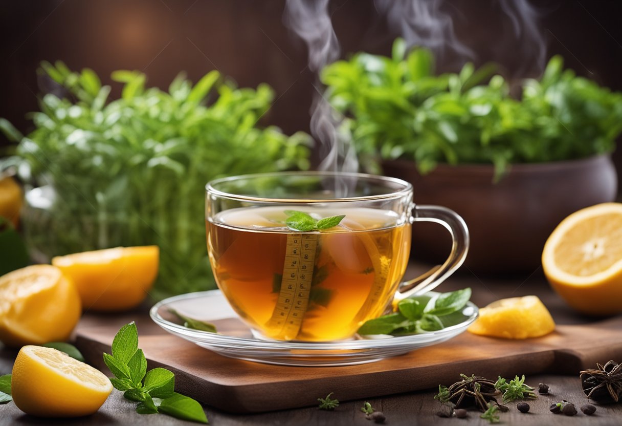 A steaming cup of detox tea surrounded by fresh herbs and fruits, with a tape measure nearby, symbolizing the health benefits and slimming effects of the tea