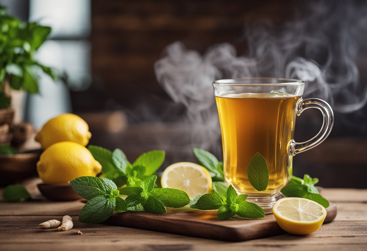 A steaming cup of herbal tea sits on a wooden table, surrounded by fresh ingredients like ginger, lemon, and mint. Steam rises from the mug, creating a soothing and detoxifying atmosphere