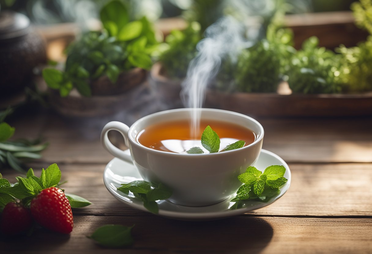 A steaming cup of detoxification tea sits on a wooden table, surrounded by fresh herbs and fruits. A gentle wisp of steam rises from the cup, evoking a sense of cleansing and rejuvenation