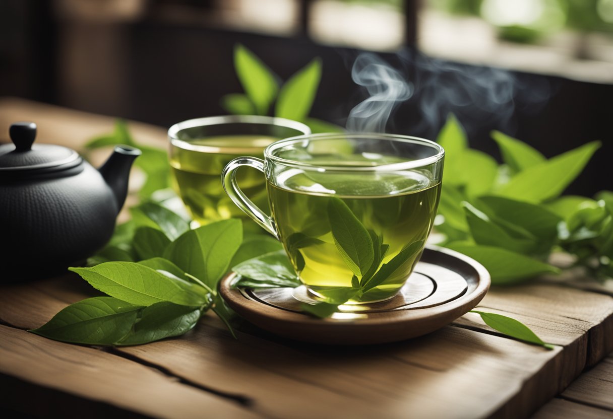 A steaming cup of green tea sits on a rustic wooden table, surrounded by fresh green tea leaves and a delicate teapot