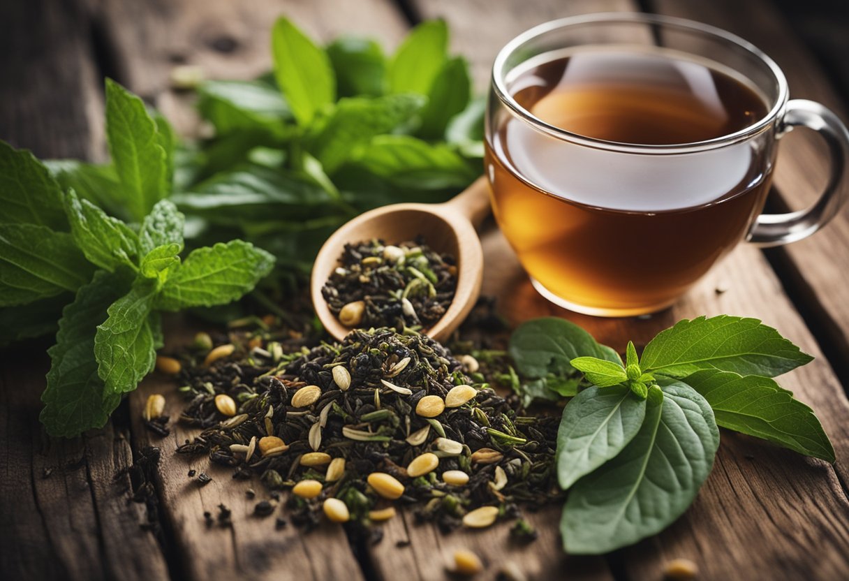 Various herbal tea leaves and ingredients arranged on a rustic wooden table, with steam rising from a freshly brewed cup of detox tea