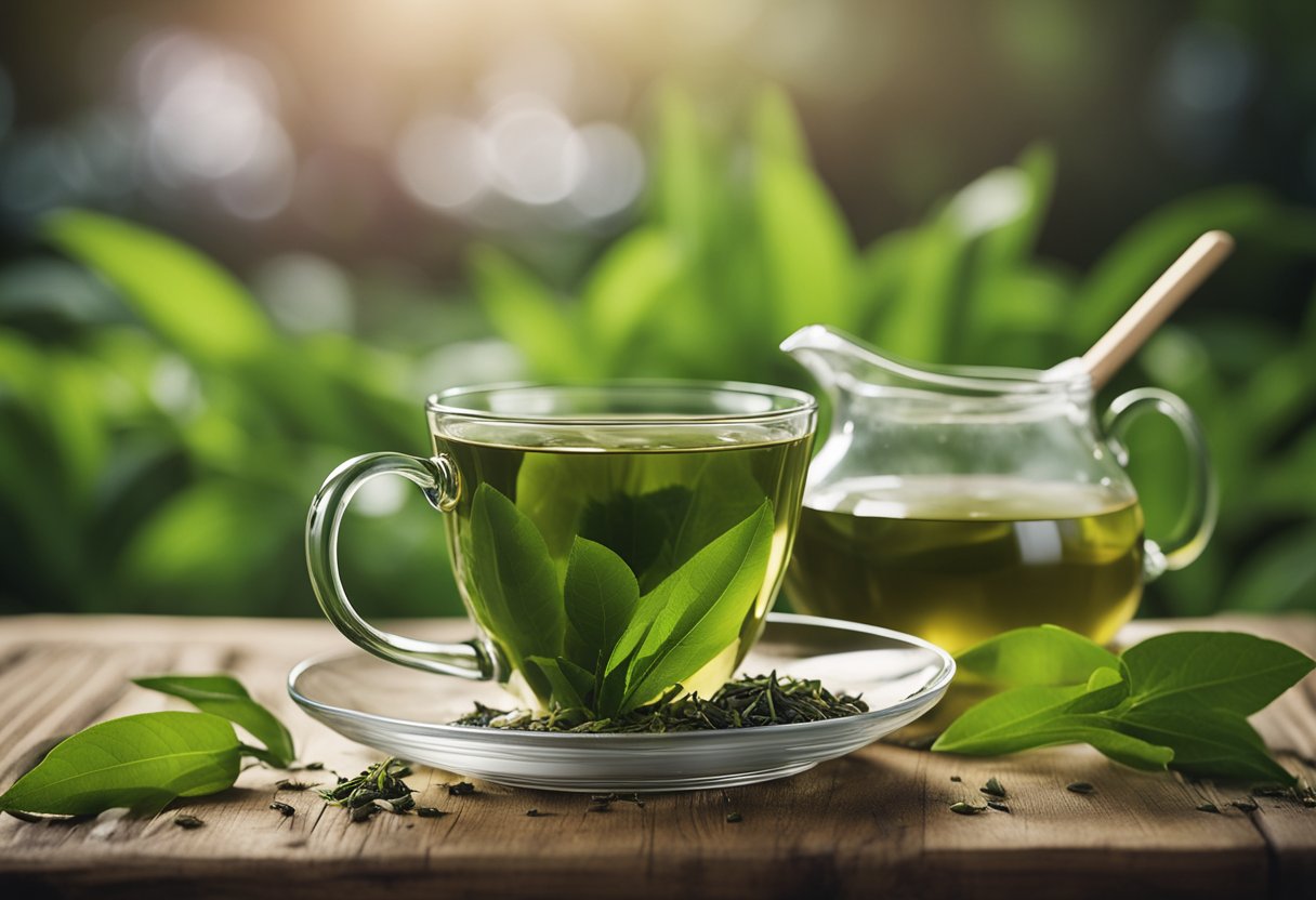 A steaming cup of green tea detox tea sits on a wooden table, surrounded by fresh green tea leaves and a delicate teapot