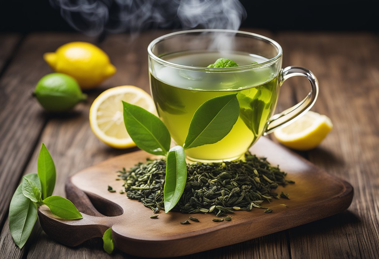 A steaming cup of green tea surrounded by fresh green tea leaves and a slice of lemon on a wooden table