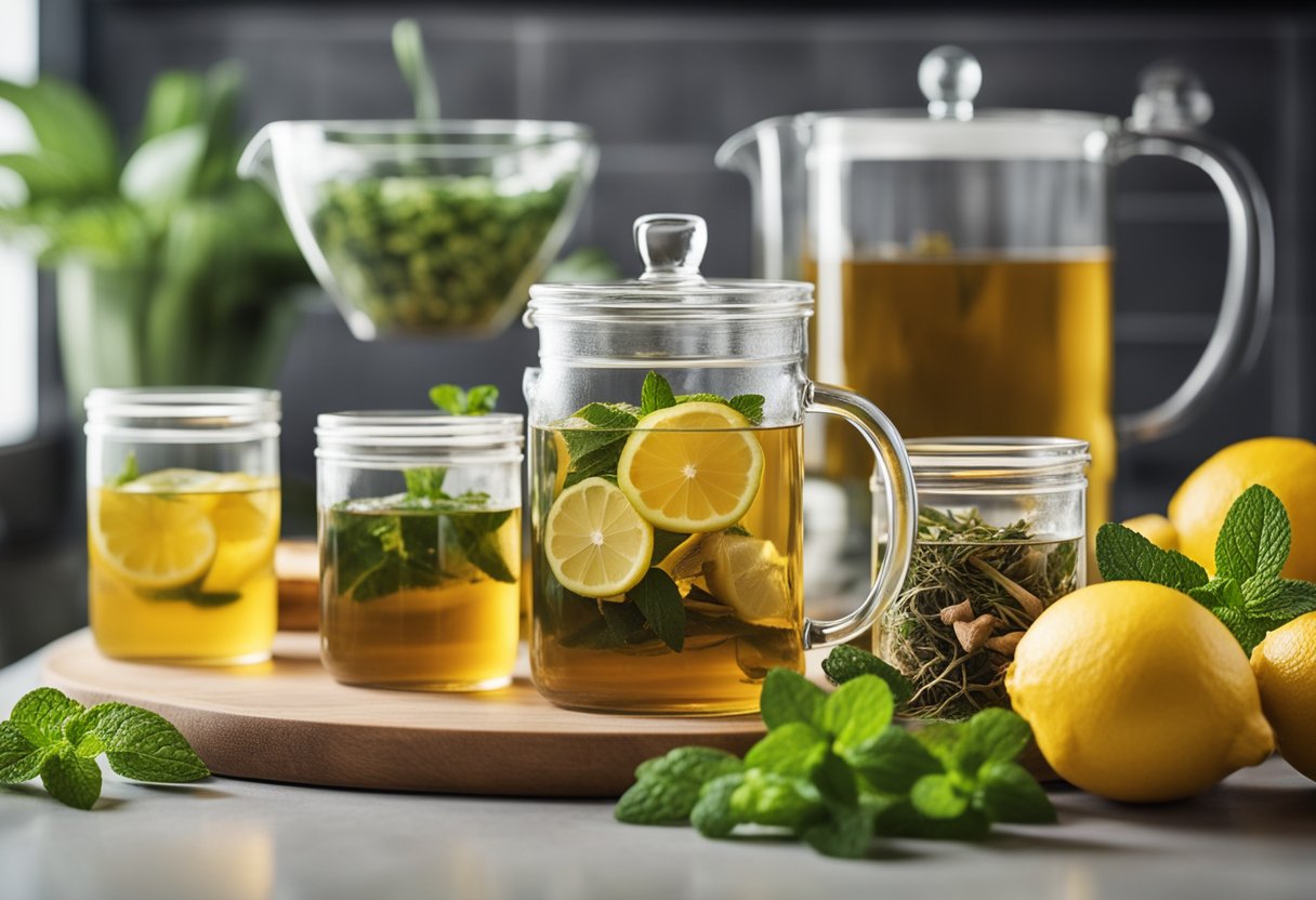 A variety of herbal teas displayed with fresh ingredients like ginger, lemon, and mint, on a clean, modern kitchen counter