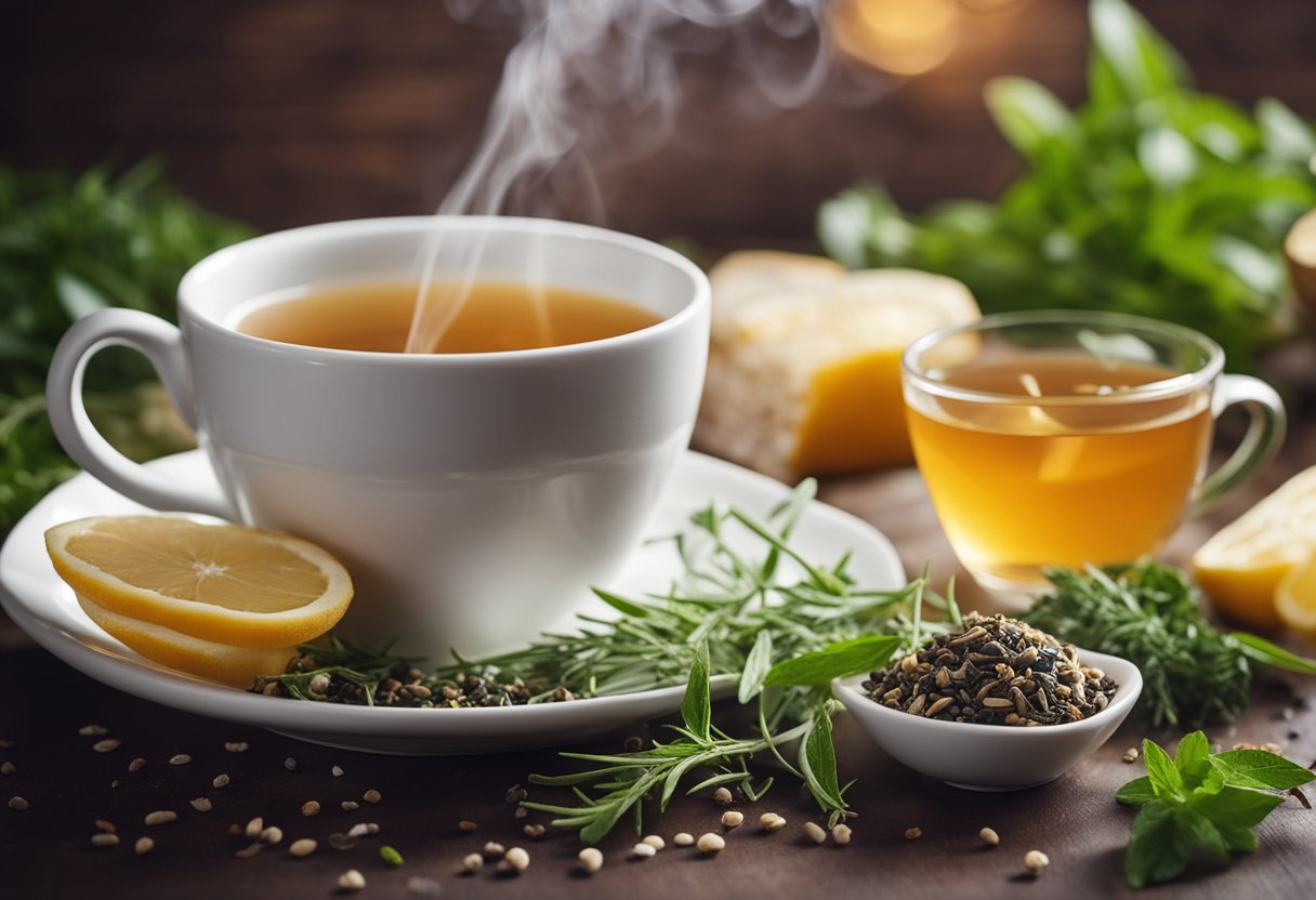 A steaming cup of tea surrounded by various herbs and ingredients known for aiding weight loss