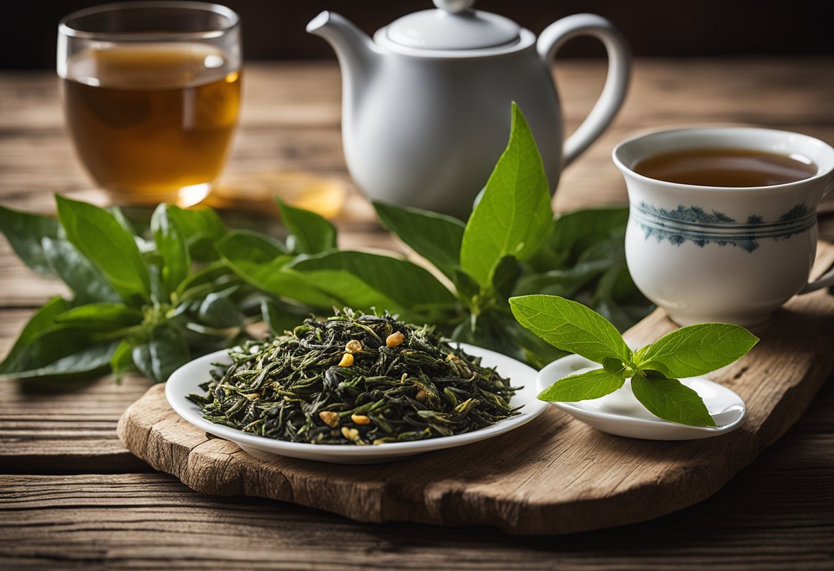 A variety of tea leaves, including green, oolong, and herbal, arranged on a rustic wooden table with a teapot and cup