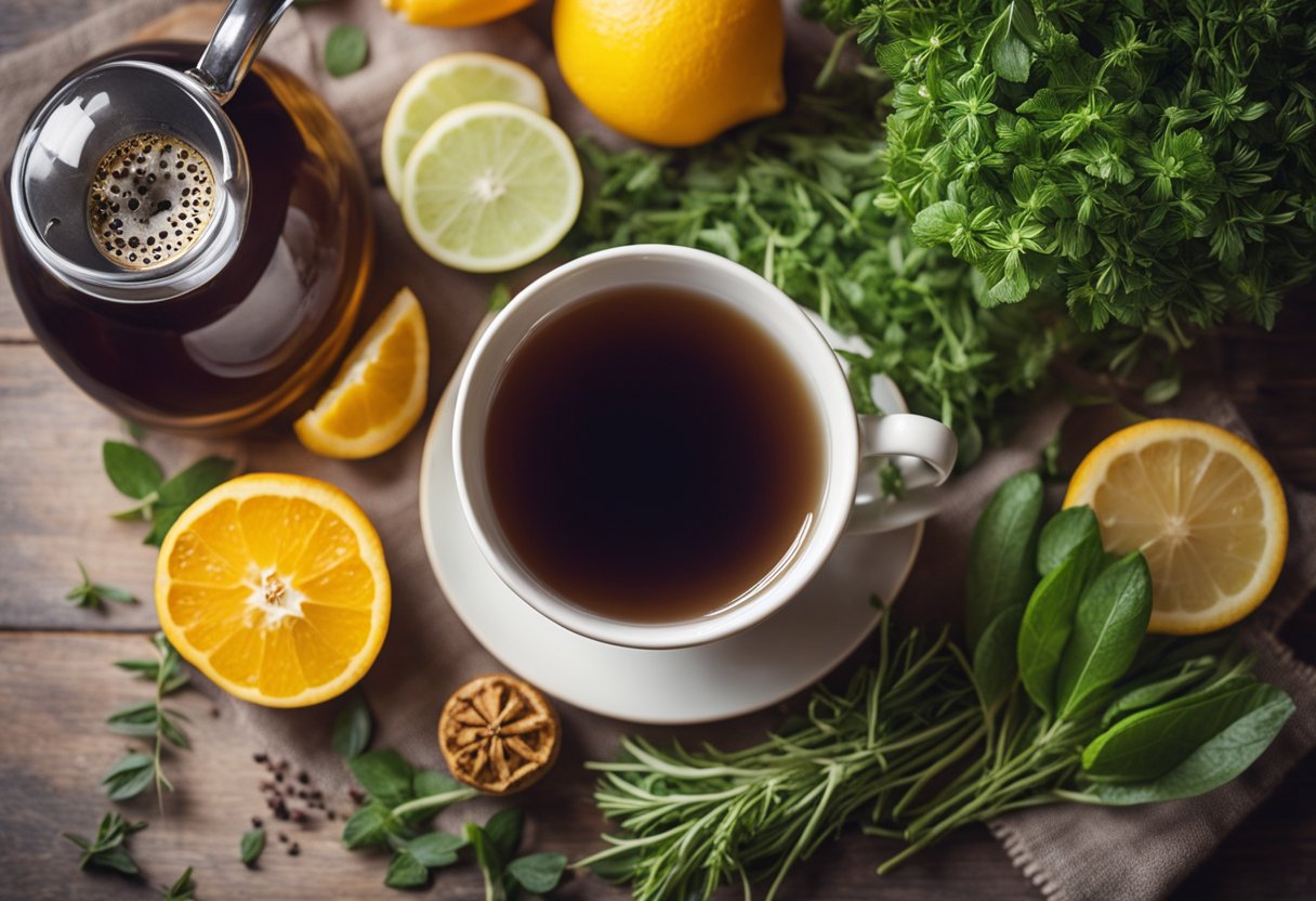 A steaming cup of detox tea surrounded by fresh herbs and fruits