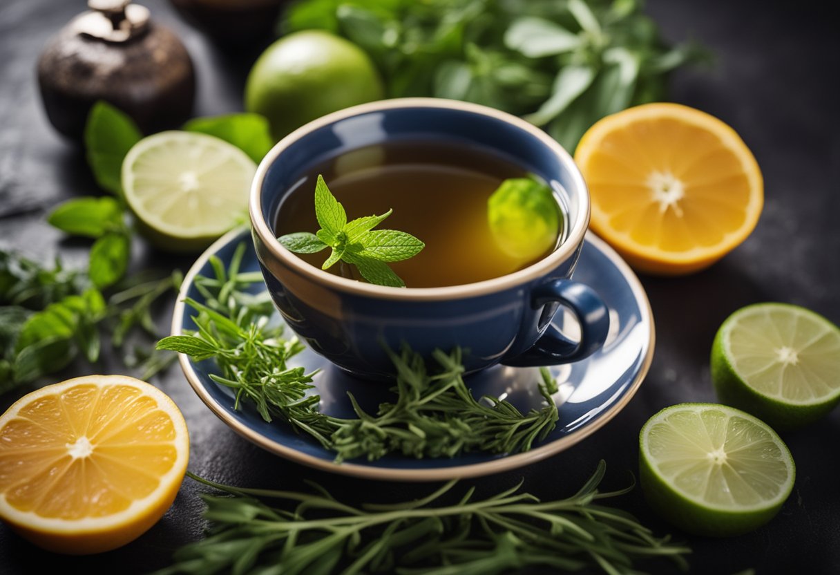 A steaming cup of detox tea surrounded by fresh herbs and fruits